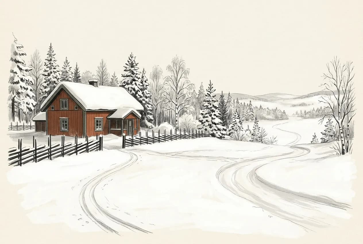 Ett rött trähus bakom en gärdesgård i djup snö, med spår som slingrar sig bort mellan granar och björkar mot låga fjäll.