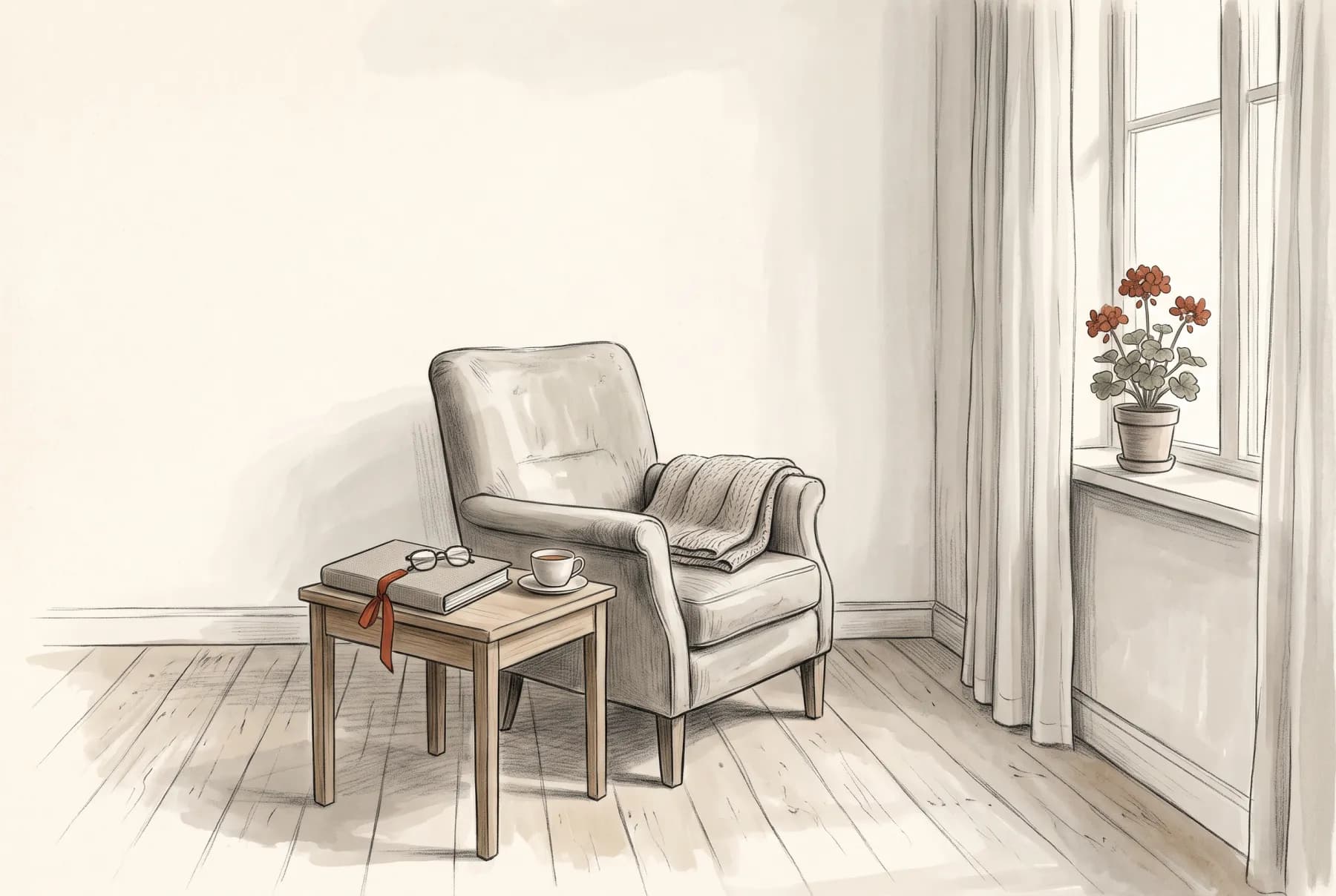 Illustration: en fåtölj vid fönstret i ett rum på ett boende, med en pärm med rött band, läsglasögon och en kopp te på bordet.