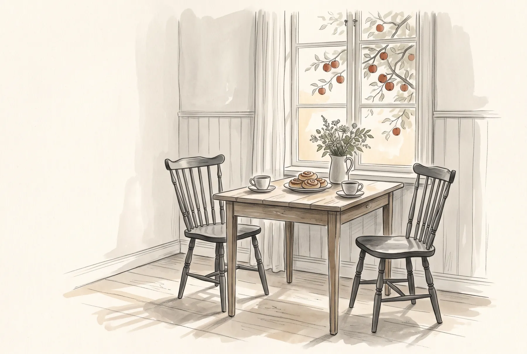 Illustration: ett köksbord vid ett fönster, dukat med två kaffekoppar och kanelbullar, och ett äppelträd utanför.