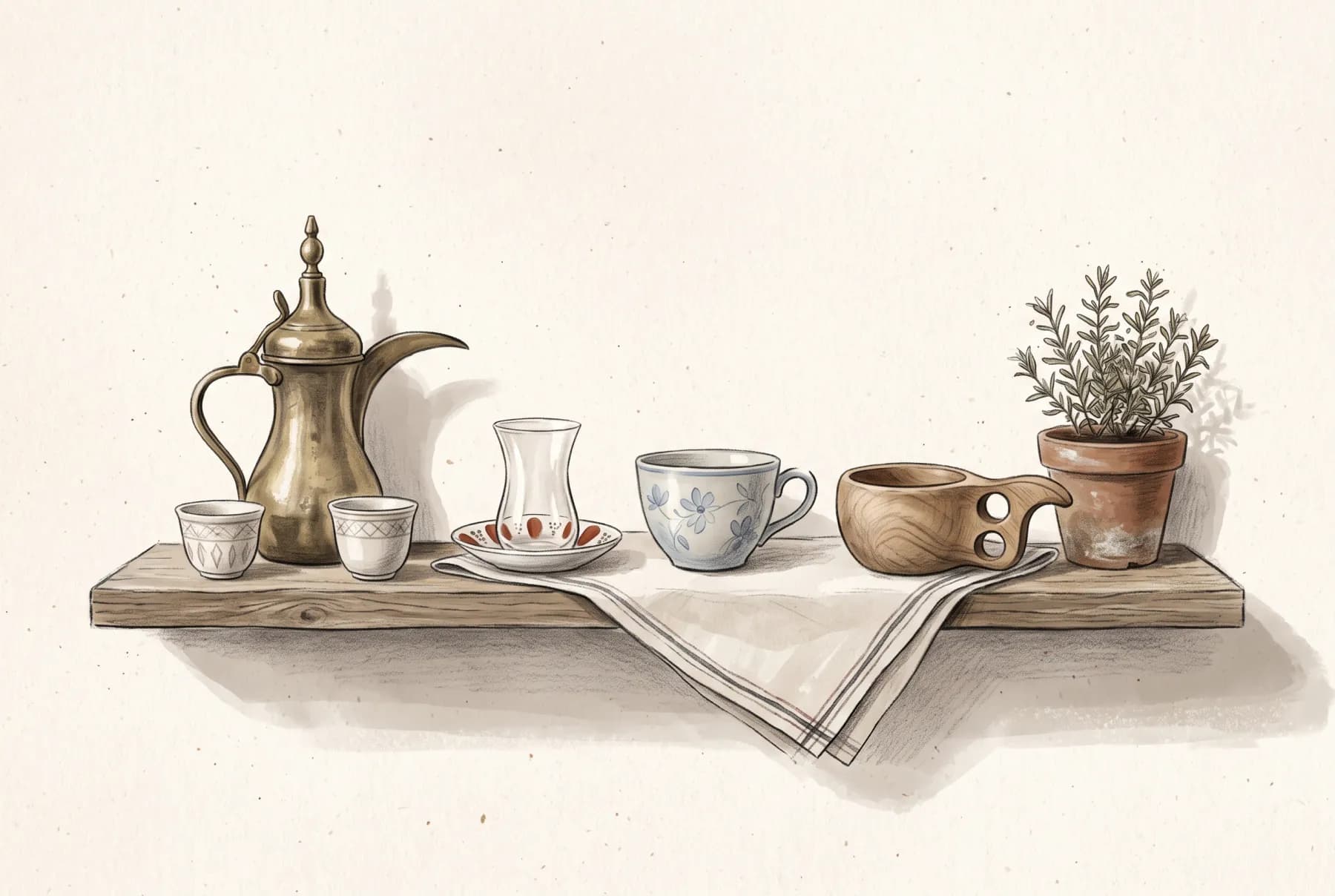 Illustration: en hylla med en arabisk kaffekanna, ett turkiskt teglas, en svensk kaffekopp och en finsk träkåsa.