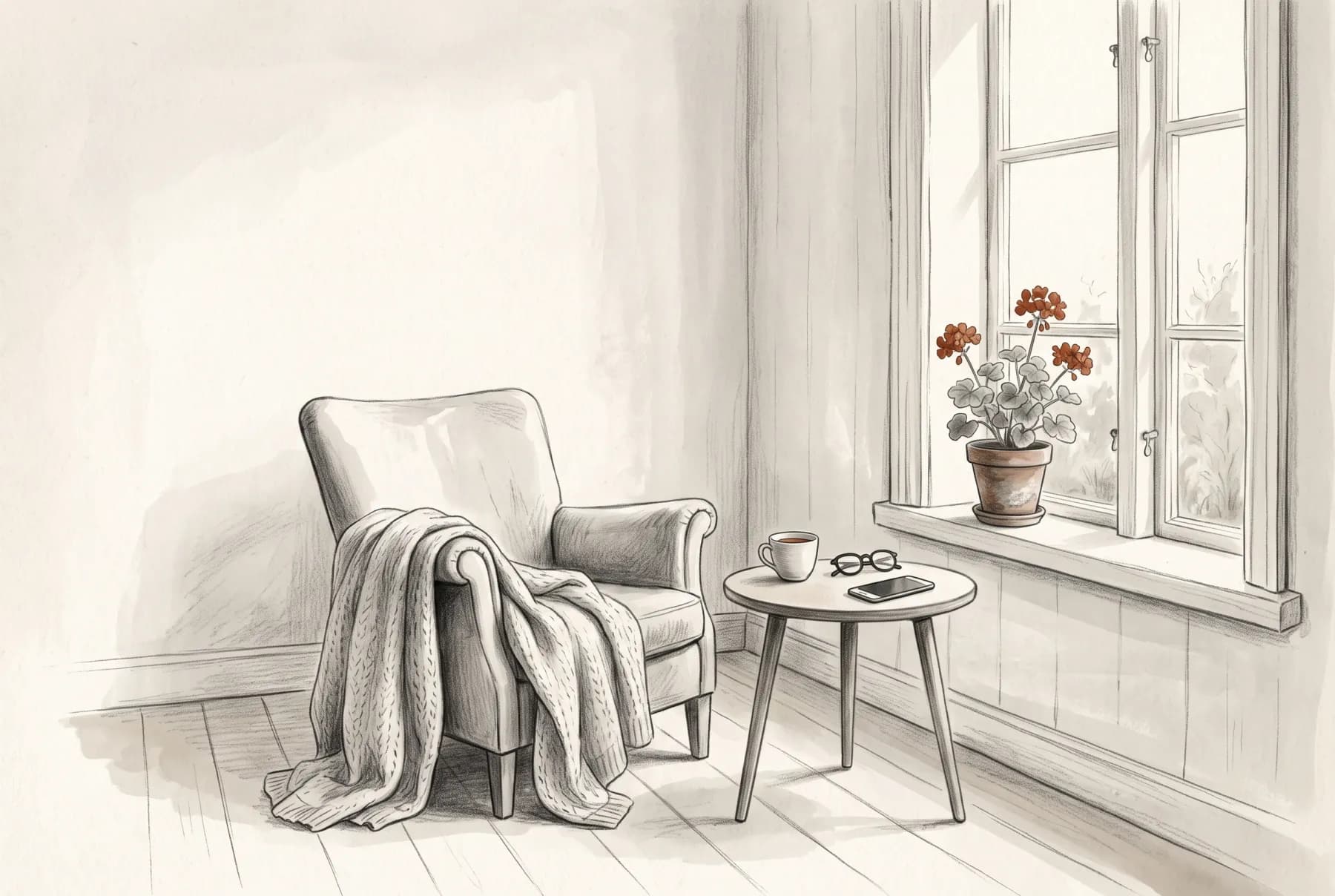 Illustration: en fåtölj med en stickad filt vid ett fönster, en kopp te och läsglasögon på ett litet bord och en pelargon i fönstret.