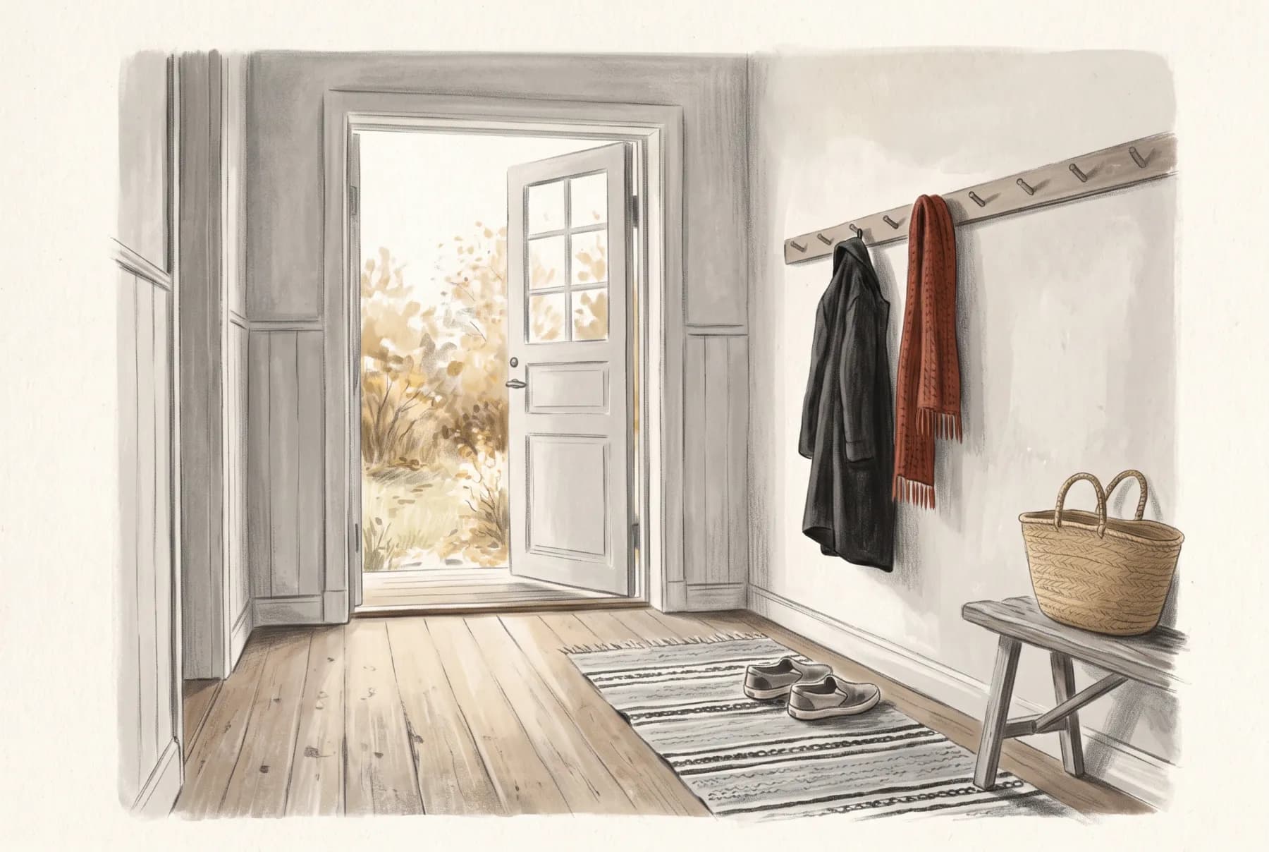 Illustration: en hall med ytterdörren på glänt mot en höstträdgård, en röd halsduk på kroken och skor på trasmattan.