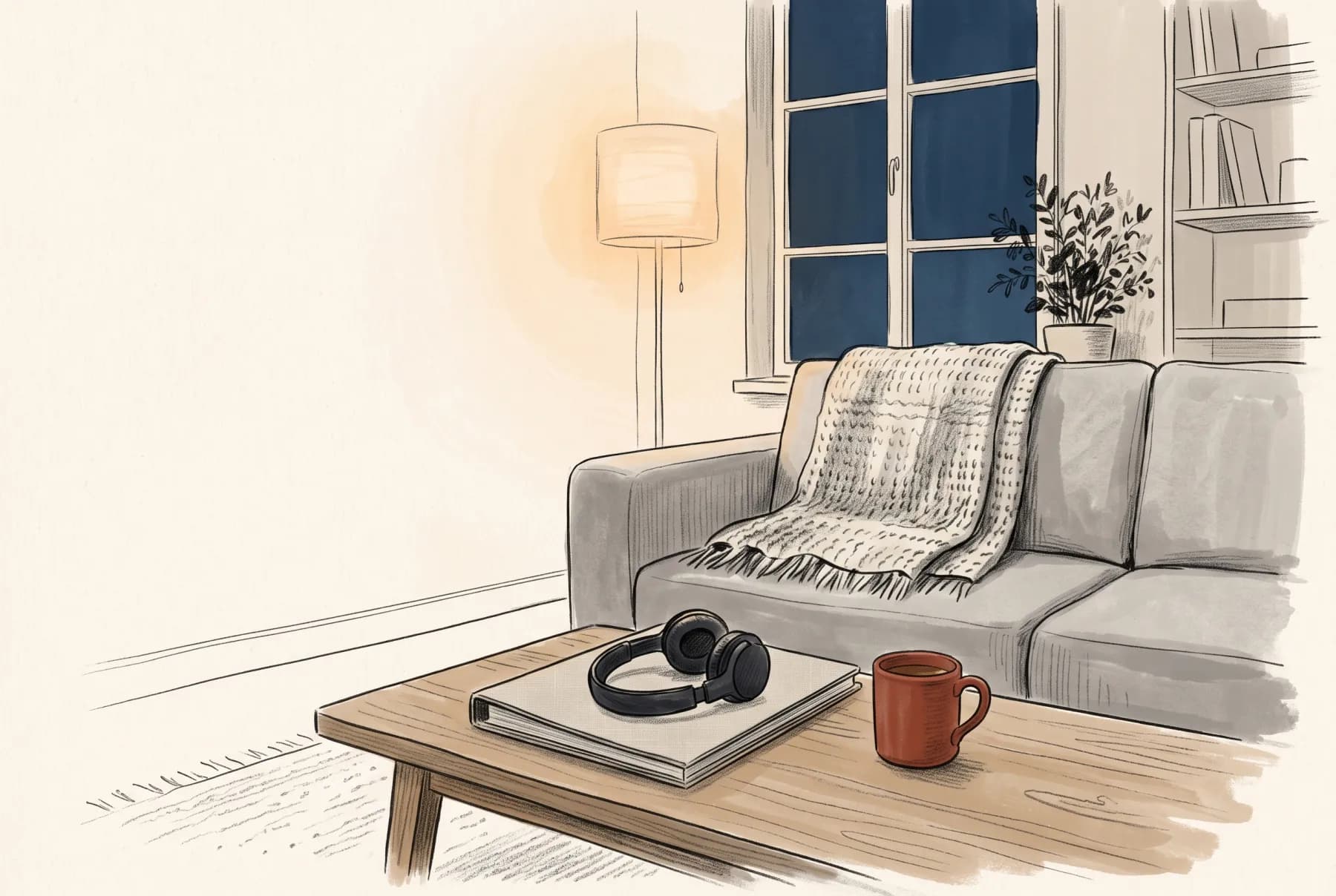 Illustration: en soffhörna en kväll, med en golvlampa, en filt och ett par hörlurar på soffbordet.