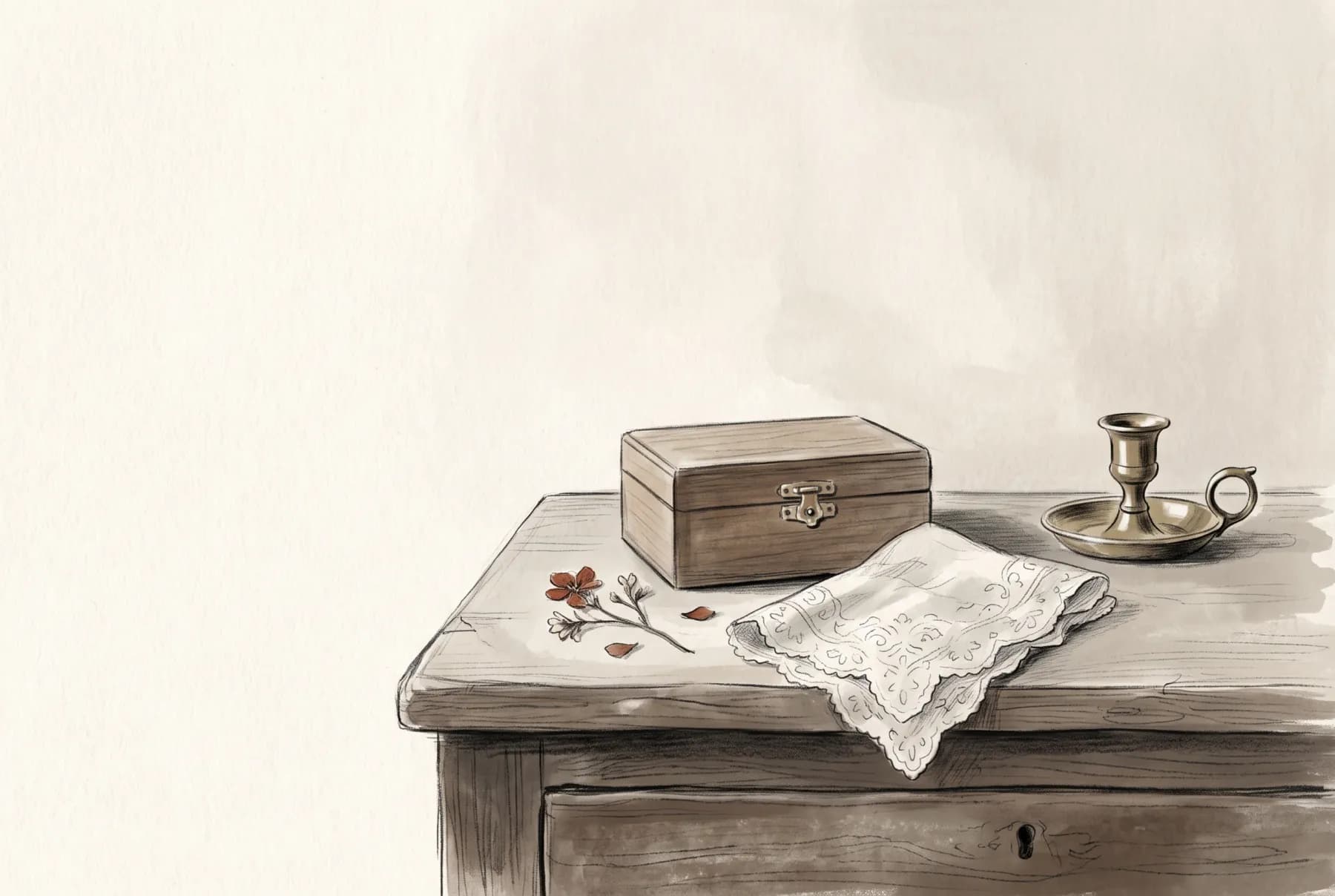 Illustration: ett litet träskrin med mässingslås på en byrå, bredvid en spetsnäsduk och pressade blommor.